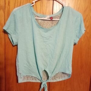 SO Light Blue Tie-Front Lace Women's Tee